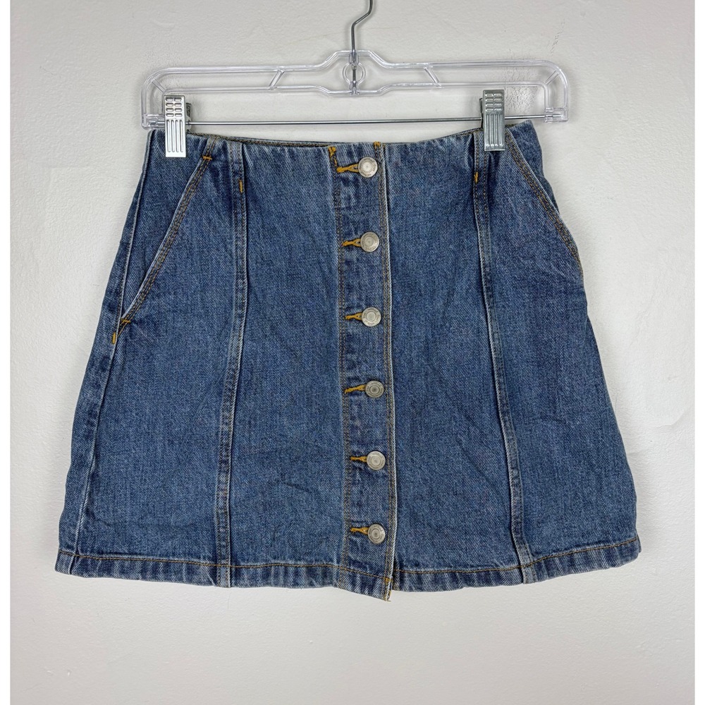 Aritzia Wilfred Free Denim Mini Skirt Medium Wash Button Front Casual Size 0